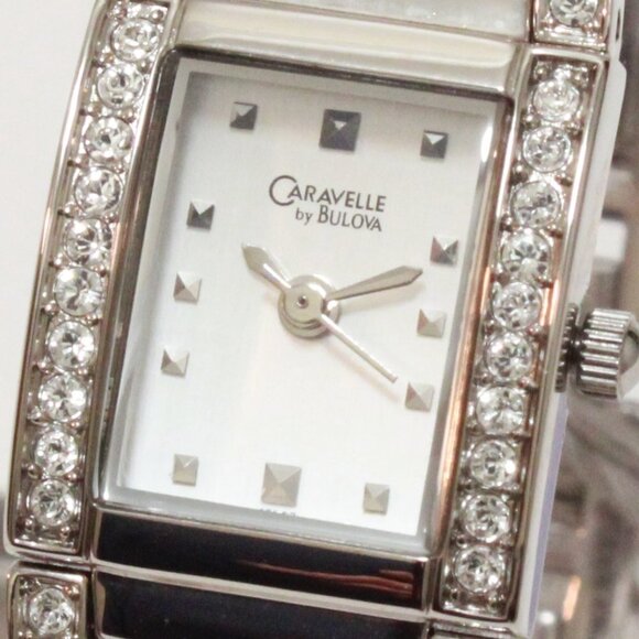 Caravelle Ladies Dress Watch By Bulova 56 Crystal Embedded Bezel & Bracelet 17mm